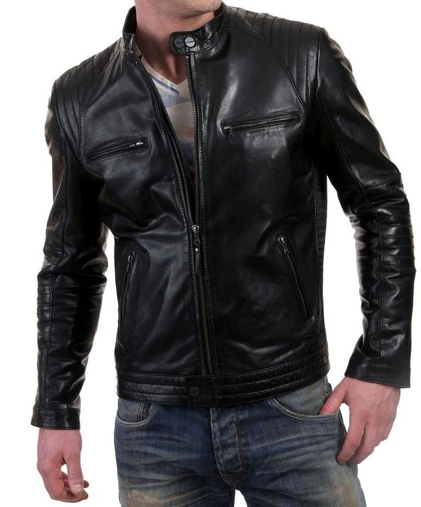 Cafe Racer Men's Leather Jacket Genuine Sheep Skin Motorcycle Biker Black Jacket