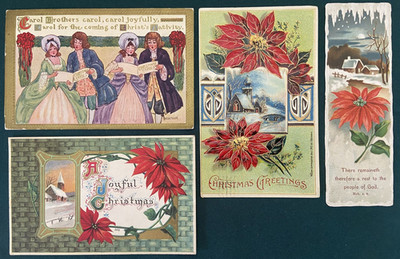 3 Antique Christmas Postcards +Bookmark, Poinsettia & Carolers Theme Embossed