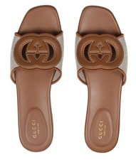 NEW GUCCI BROWN LEATHER INTERLOCKING G SANDALS FLAT SHOES 37/US 7