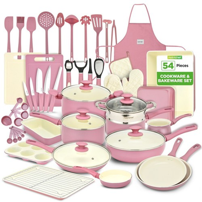 #ad NutriChef 54 Pcs Home Kitchen Cookware High Quality Ceramic Blush Pink $198.99