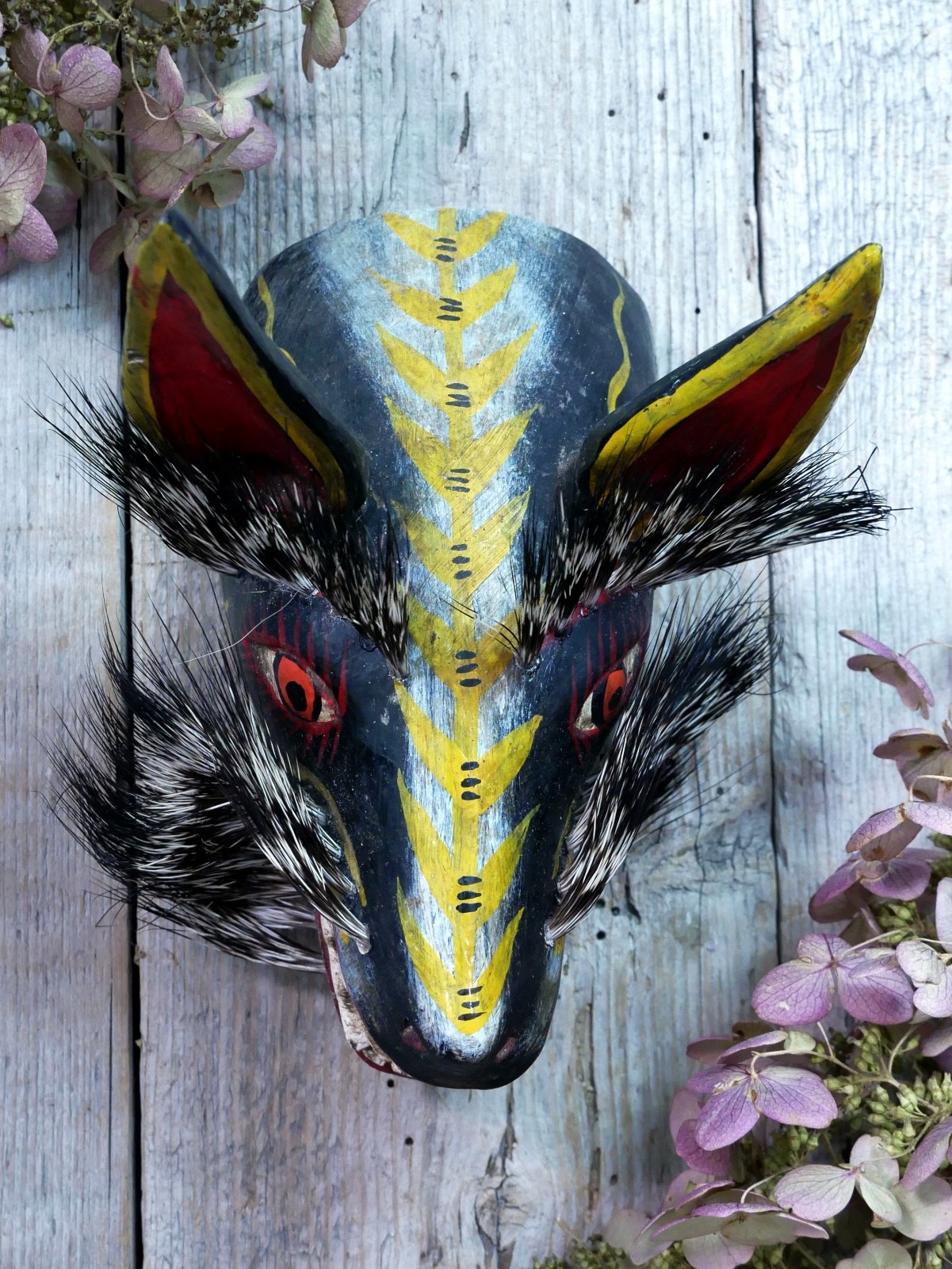 Coyote Mask Desert Wood & Boar Hair Whiskers Handmade Guerrero Mexican Folk Art