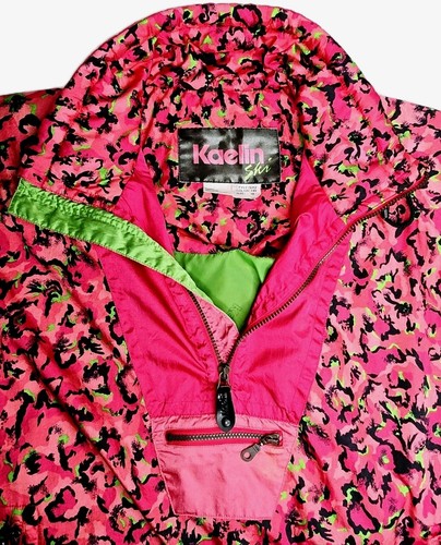 Vintage 80er Kaelin Ski Anorak Jacke Neon Pink Schwarz Abstrakt Splatter L/XL 10 - Bild 7 von 20