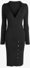 New Next Size S (10) Black Stretchy Knit Bodycon Midi Dress, button details BNWT