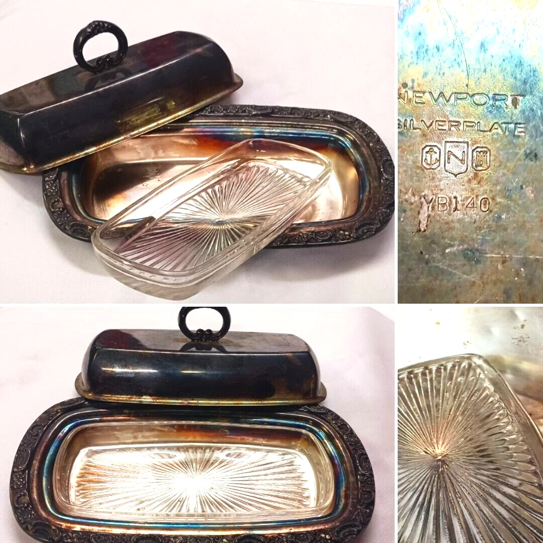 VINTAGE NEWPORT YB140 SILVERPLATE COVERED BUTTER DISH WITH GLASS INSERT