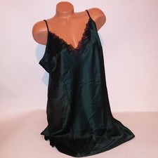 Victoria Secret Lingerie Chemise Slip XXL 2X Green Black Satin Solid Lace Trim