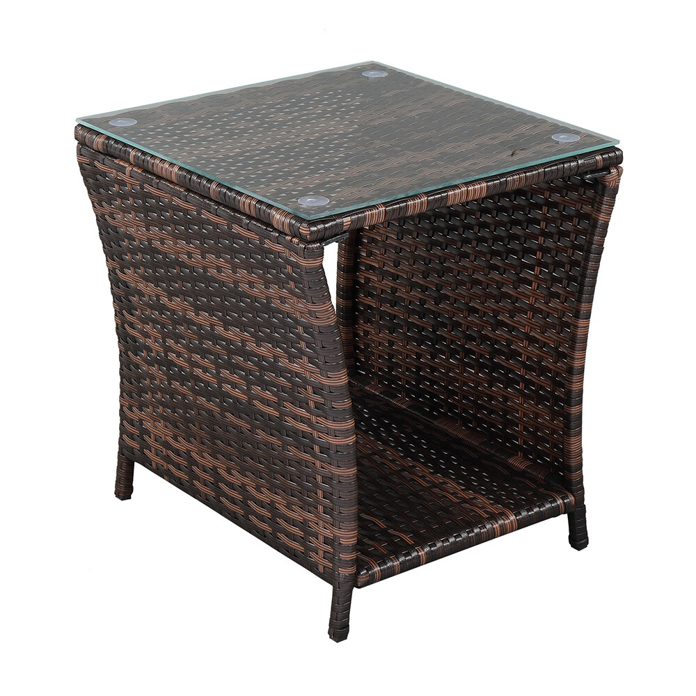 Brown Gradient Glass Top Rattan Side Table with Iron Frame Modern Design