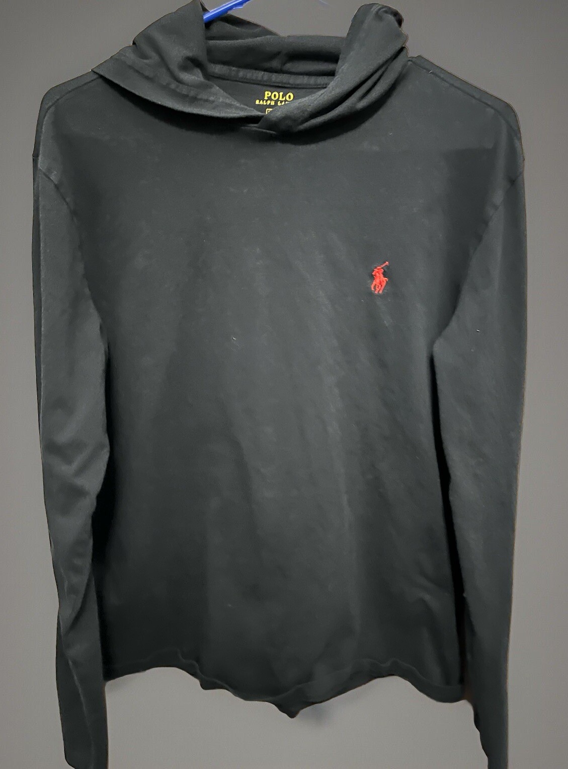 Polo Ralph Lauren nera manica lunga pullover t shirt con cappuccio taglia media.Pony rosso