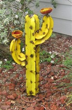 METAL YARD ART 25" SAGUARO CACTUS SCULPTURE YELLOW WITH FLOWERS