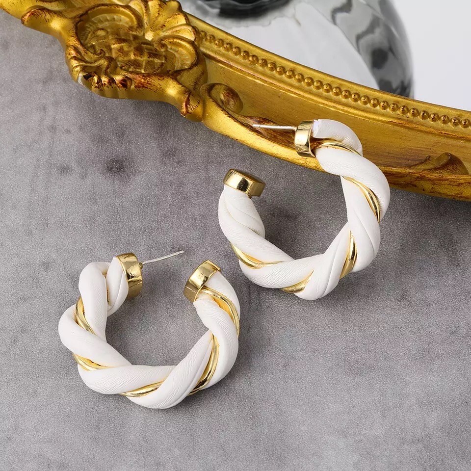Womens Fashion Faux Leather Twist White Gold Hoop Earrings