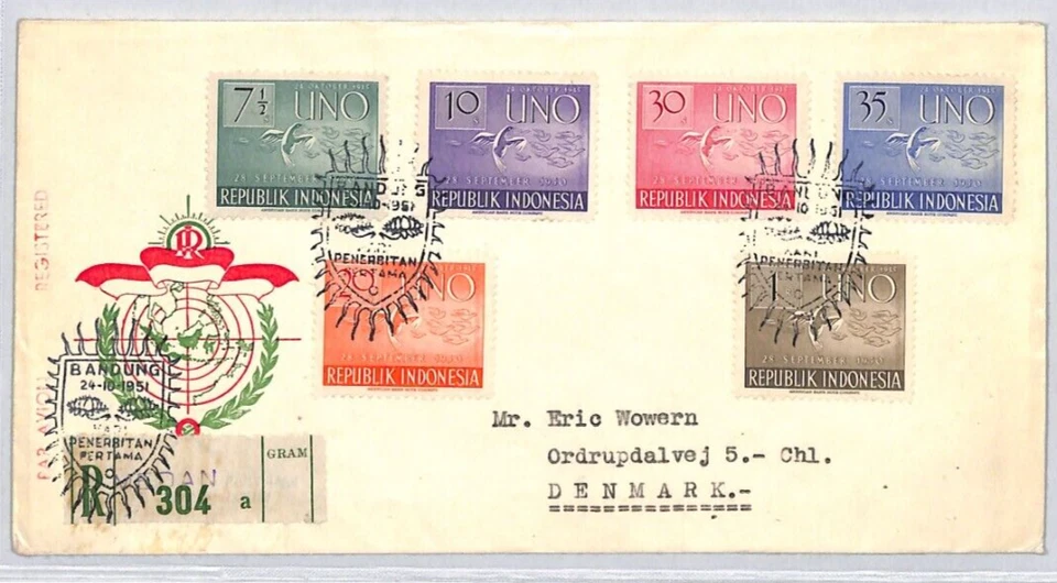 INDONESIA 1951 Cachet FDC Naciones Unidas DOVES correo aéreo registrado AVES YE174 Foto 2 de 4