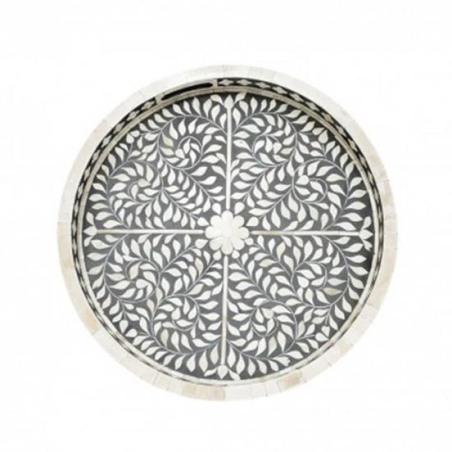 Bandeja de Servicio de Diseño Hermosa Incrustación de Hueso Hecha a Mano, Bandeja de Diseño Floral Color Gris Foto 3 de 4