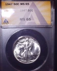 1947 Walking Liberty Fifty Cent, ANACS MS 65. Gem Grade, Issue Free