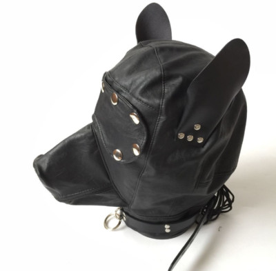 PU Leder Hund Hund Hund Welpe volle Kapuze Maske Kostüm mit Monat Reißverschluss & Augen Aufnäher