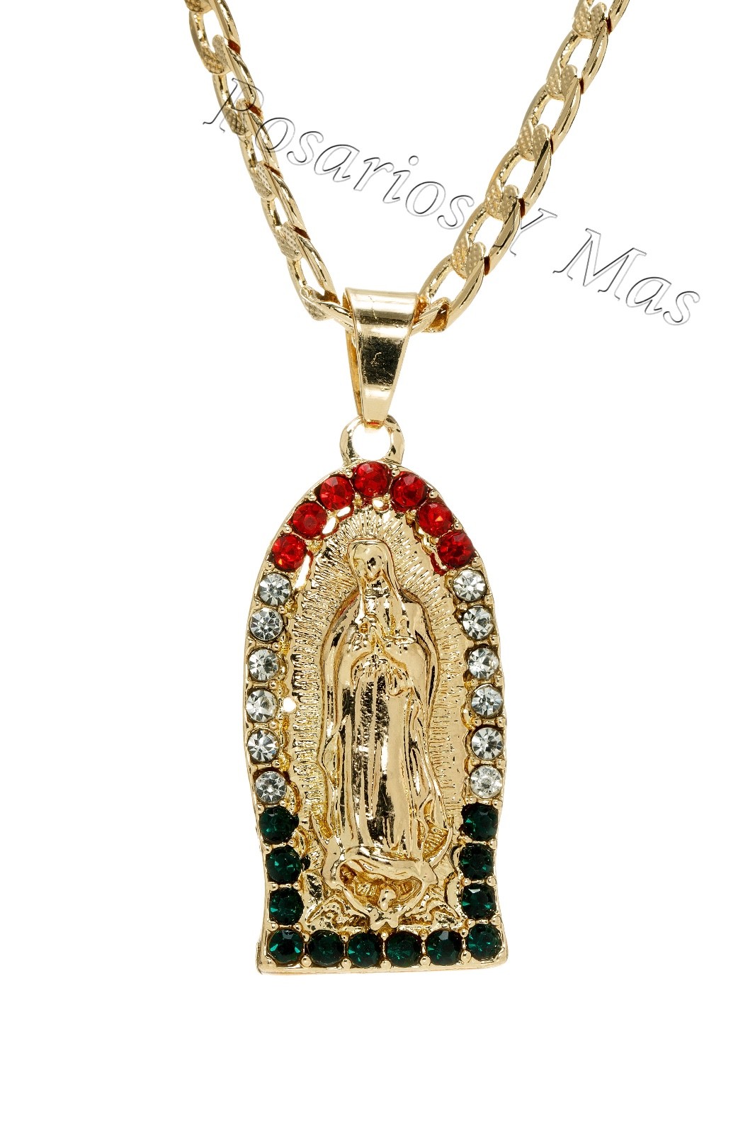 Virgen De Guadalupe Oro Laminado Medalla con Cadena de 24" Rojo Verde Blanco