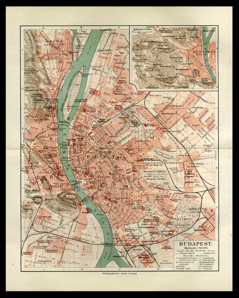 Orig. Lithographie-Tafel 1908 Budapest alter Stadtplan Old City-Map Ungarn 