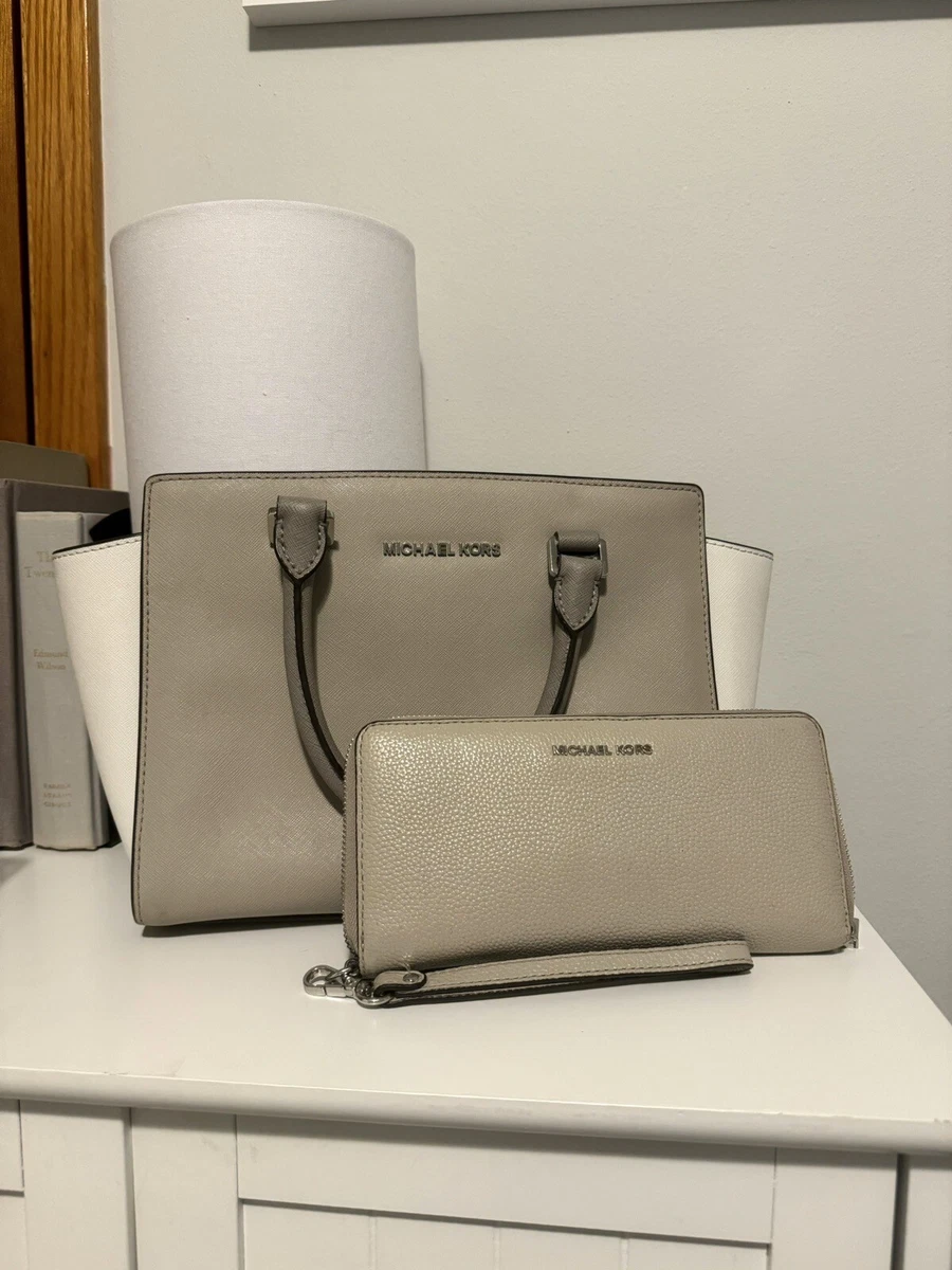 Michael Kors Medium Selma Saffiano Leather Satchel Wallet White Tan Grey