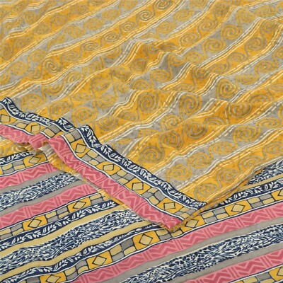 Sanskriti Vintage Saree Yellow Pure Crepe Silk Geometric Print Sari 6+Yd Fabric