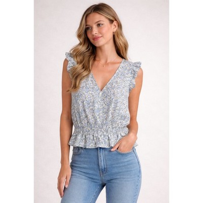 Universal Thread XXL Blue Floral Ruffle Smocked Hem Wrap V-Neck Cotton Top