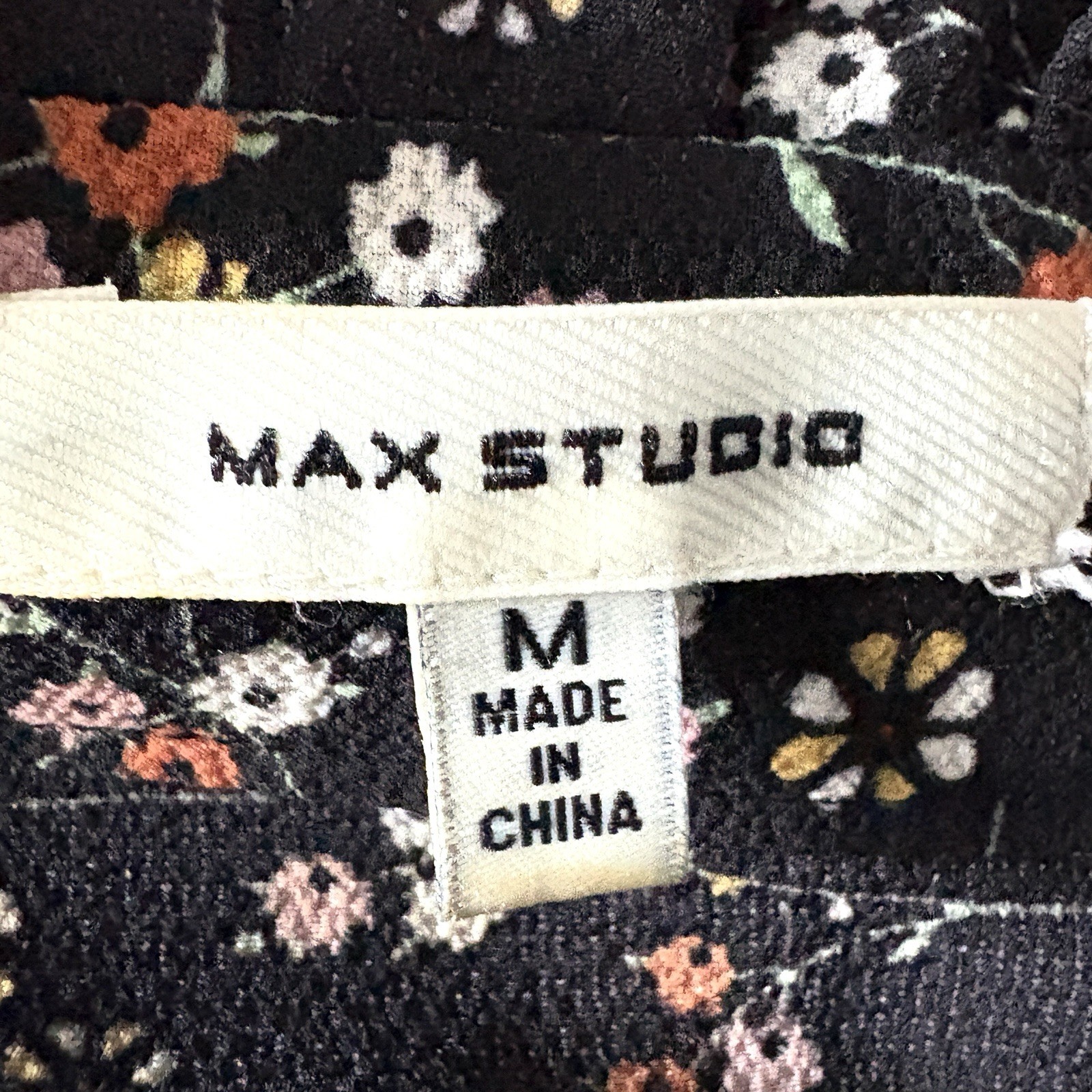 MAX STUDIO Peasant Tiered Long Dress Med Ruffle Neck Black Floral Smocked Waist