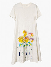 UNIQLO Womens L Midi T-Shirt Dress White Floral Painted Pockets Cotton Knit