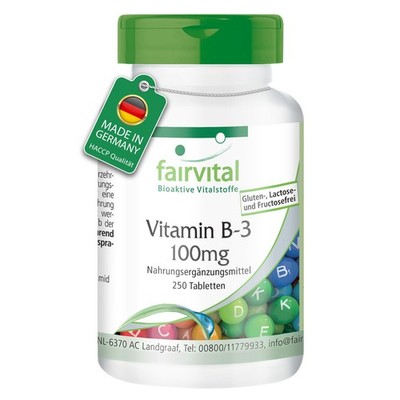 Vitamin B-3 Niacin 100mg Nicotinamid - 250 Tabl., Großpackung, VEGAN | fairvital