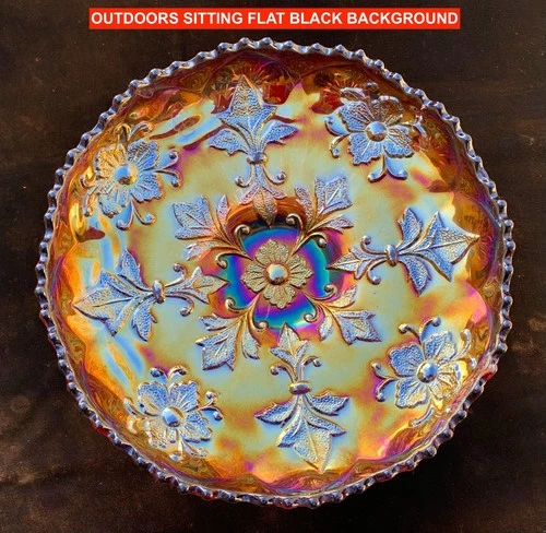 MILLERSBURG RADIUM PURPLE CARNIVAL GLASS “FLEUR DE LIS” ICS BOWL – NICE!!