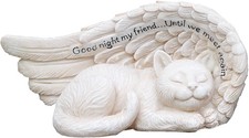 11147 Small Sleeping Cat in Angel's Wing Garden Statue with Inscription 8 x 4