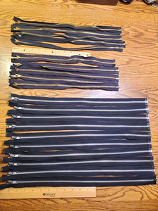 LARGE LOT of 20 NOS Vintage YKK Black + Navy Blue Zippers, military, brass pull
