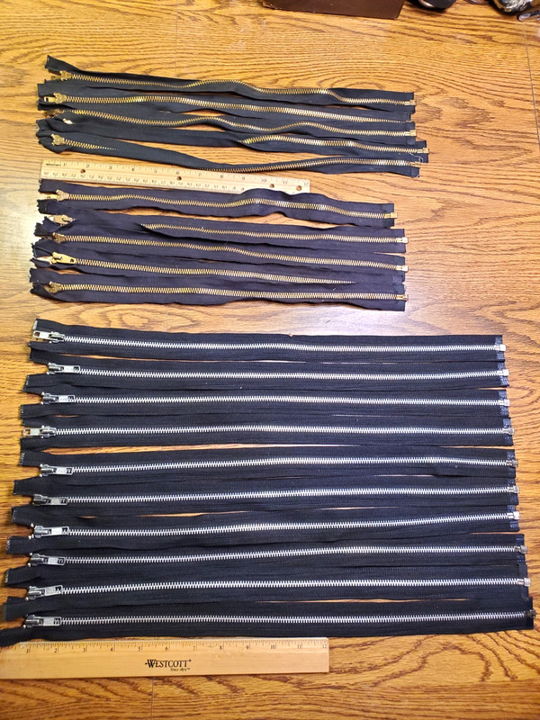 LARGE LOT of 20 NOS Vintage YKK Black + Navy Blue Zippers, military, brass pull