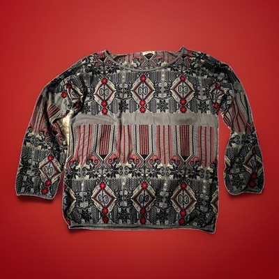 Dylan True Grit Embroidered Funky Shirt Slate Blue Red Silk Cotton Sz S Boho  