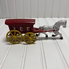 Vintage Cast Iron Horse Drawn ICE Wagon Carriage Original 8  Moving Wheels MCM 