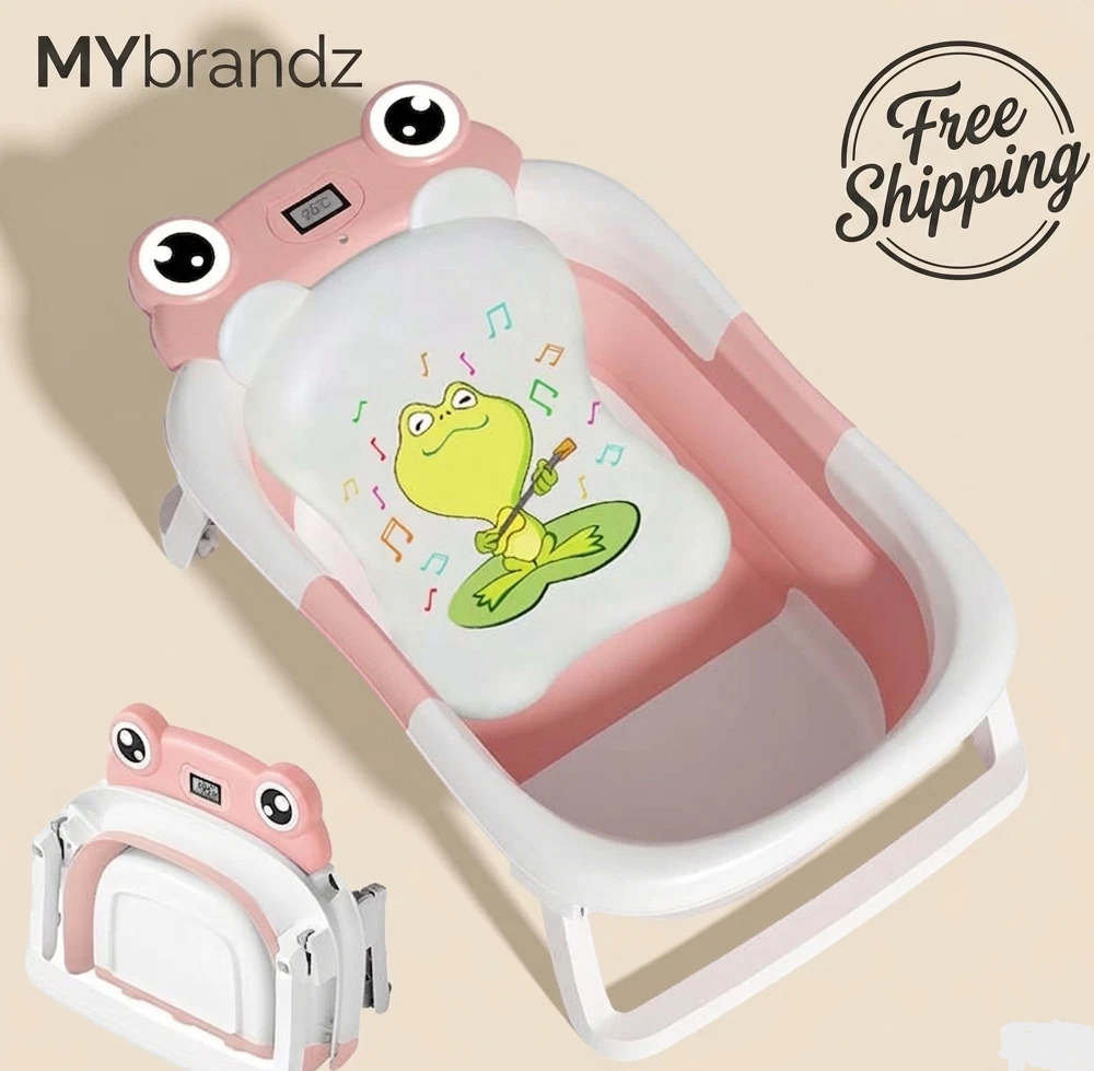 Foldable Baby Bathtub Infant Bath Tub Cushion Thermometer Portable Newborn Pink