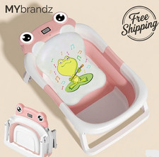 Collapsible Baby Bathtub Foldable Bath Tub w/ Cushion Thermometer Pink