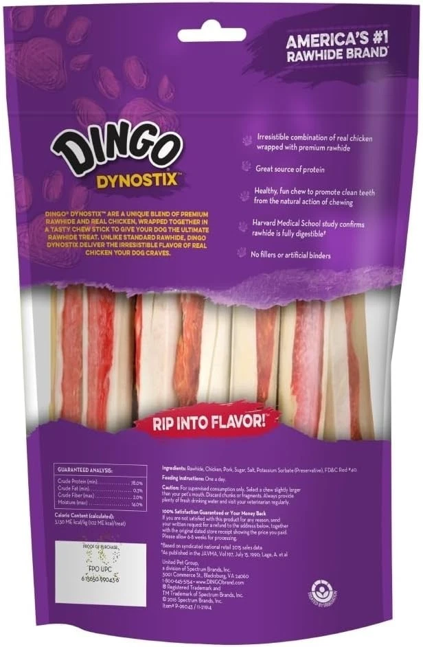 ]Paquete de 10 golosinas de cuero crudo Dingo Dynostix 10,58 oz - palitos masticables de pollo real Foto 3 de 4