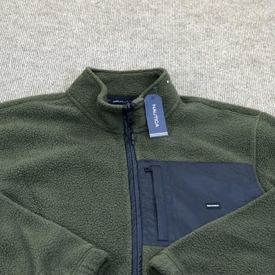 Nautica Jacket Mens Medium Green Fleece Full Zip Stand Collar Warm