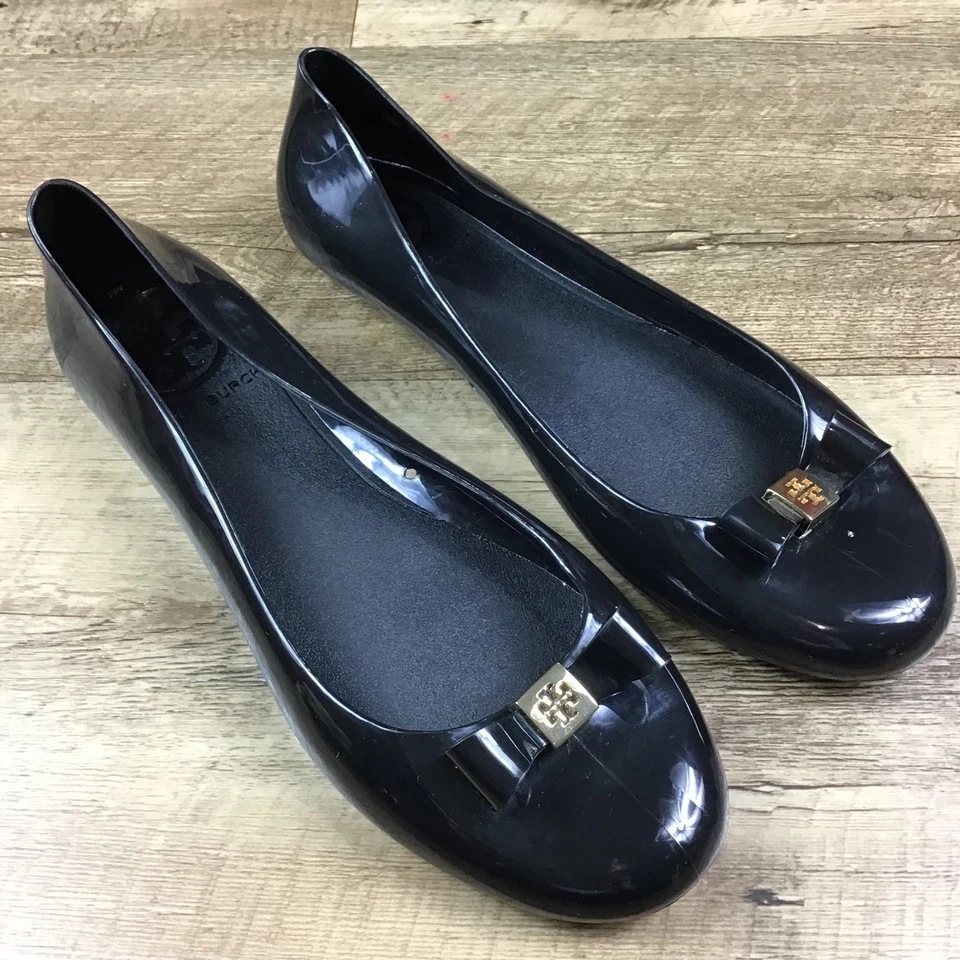 Zapatos planos de ballet Tory Burch para mujer talla 8 negros con lazo de gelatina Foto 3 de 4