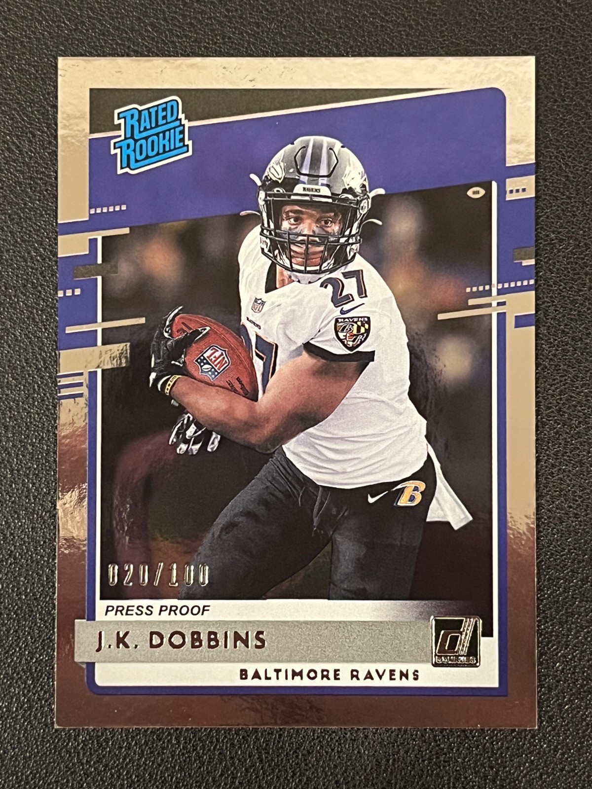 JK Dobbins 2020 Donruss Football Rated Rookie Silver Press Proof /100 Ravens