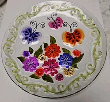  Reverse Painted Decorative Glass  Plate Butterflies, Flowers, 10"  Colorful