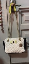 Betsy Johnson White Quilted Crossbody Handbag With Fun Green Accents