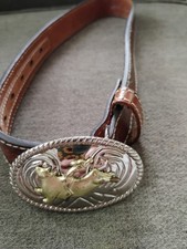 Nocona Tooled Genuine Leather Belt Boys Size 20 Western Bull Rider Buckle Brown