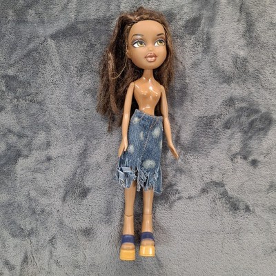 Vintage 2001 Bratz Doll MGA Brown Hair Denim Skirt Heeled Shoes Yellow Eyes