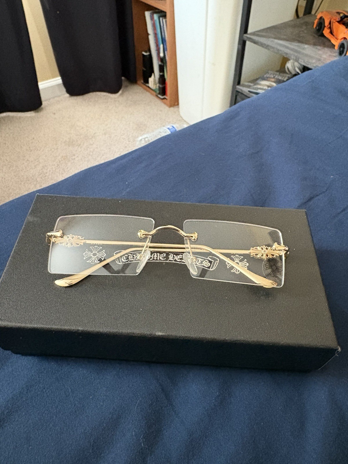 Chrome Hearts Gold Rimless Square Metal Eyeglasses Unisex with Case & Cloths