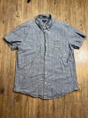Men s J Crew Chambray Short Sleeve Button Down Collar Shirt L Blue Slim Preppy