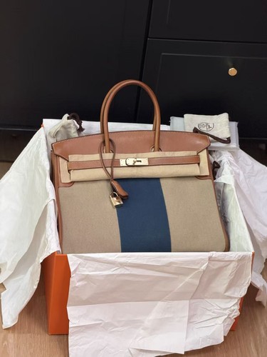 AUTH Hermes Birkin35 Club Barenia Natural Leather &Toile Gold Hardware Handbag