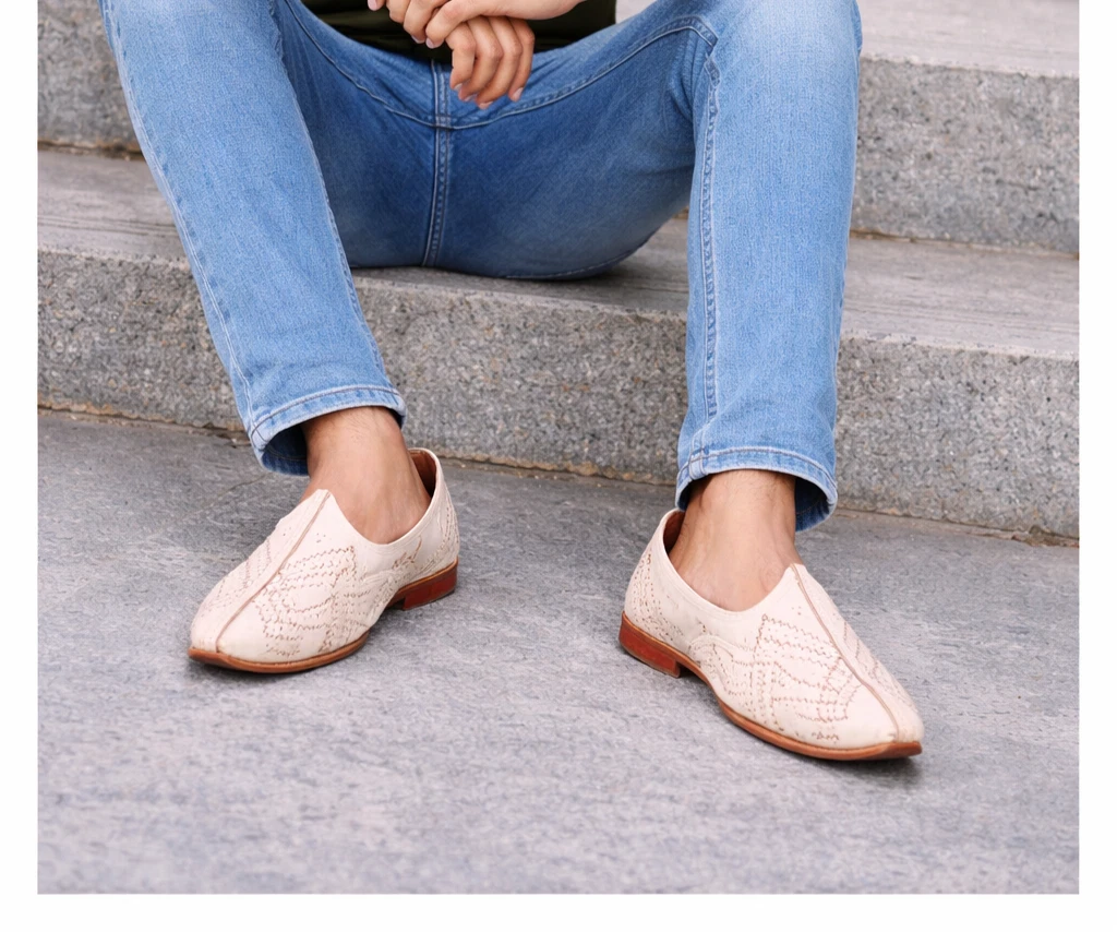 Casual Men Shoes Indian Traditional Leather Mojari Espadrilles Cream Jutti US 9