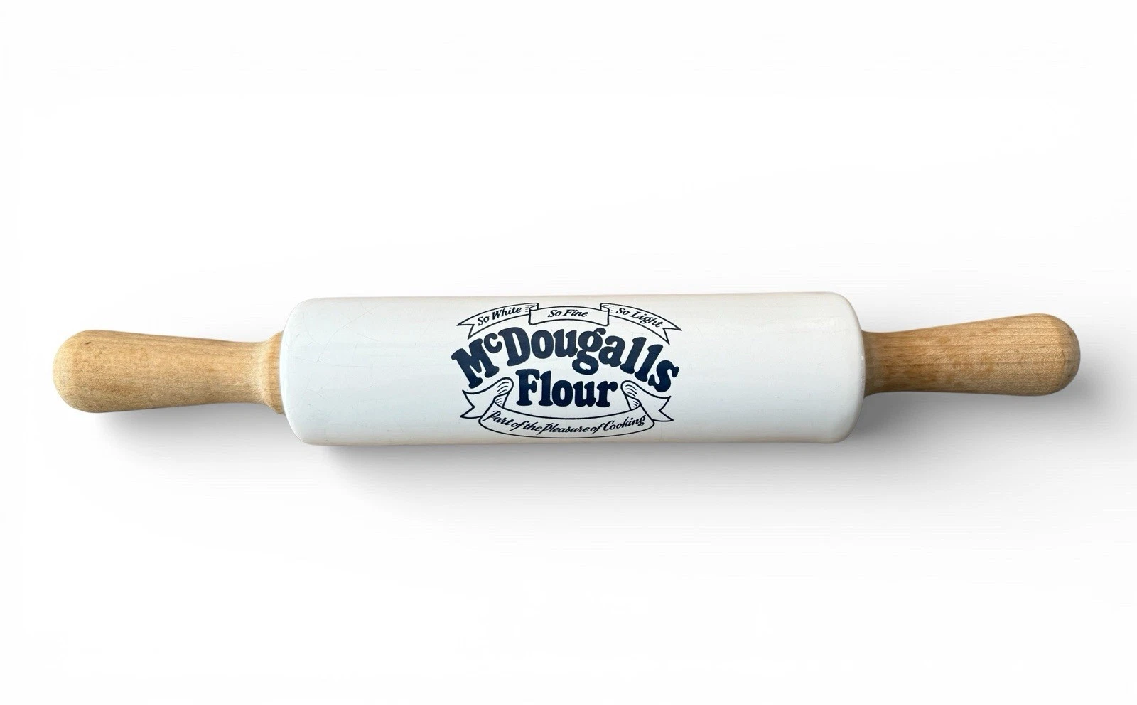 McDougalls Flour Ceramic Rolling Pin White Brown Solid Pattern With Handle