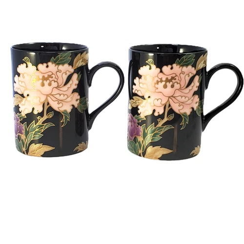 Two 1979 FITZ and FLOYD Cloisonne Peony Black Mugs Vintage FF 75 4" x 2.75"