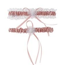 2 PCS Elegant Wedding Bridal Garters Pearls Lace Bow Satin Leg Garter Belt Set