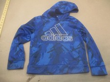Adidas Size S 8 Boys Blue Camo Fleece Shell Pocket Logo Activewear Hoodie 666