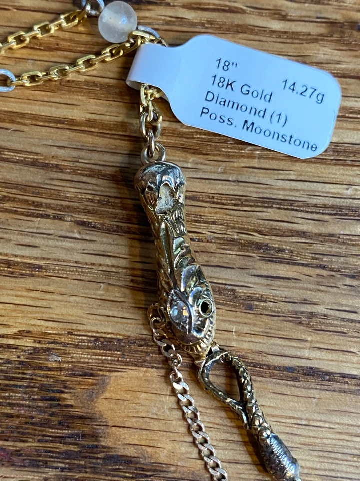 18” Necklace 18K Gold Snakehead Clasp Diamond Possibly Moonstone Jewelry - Image 3 of 4
